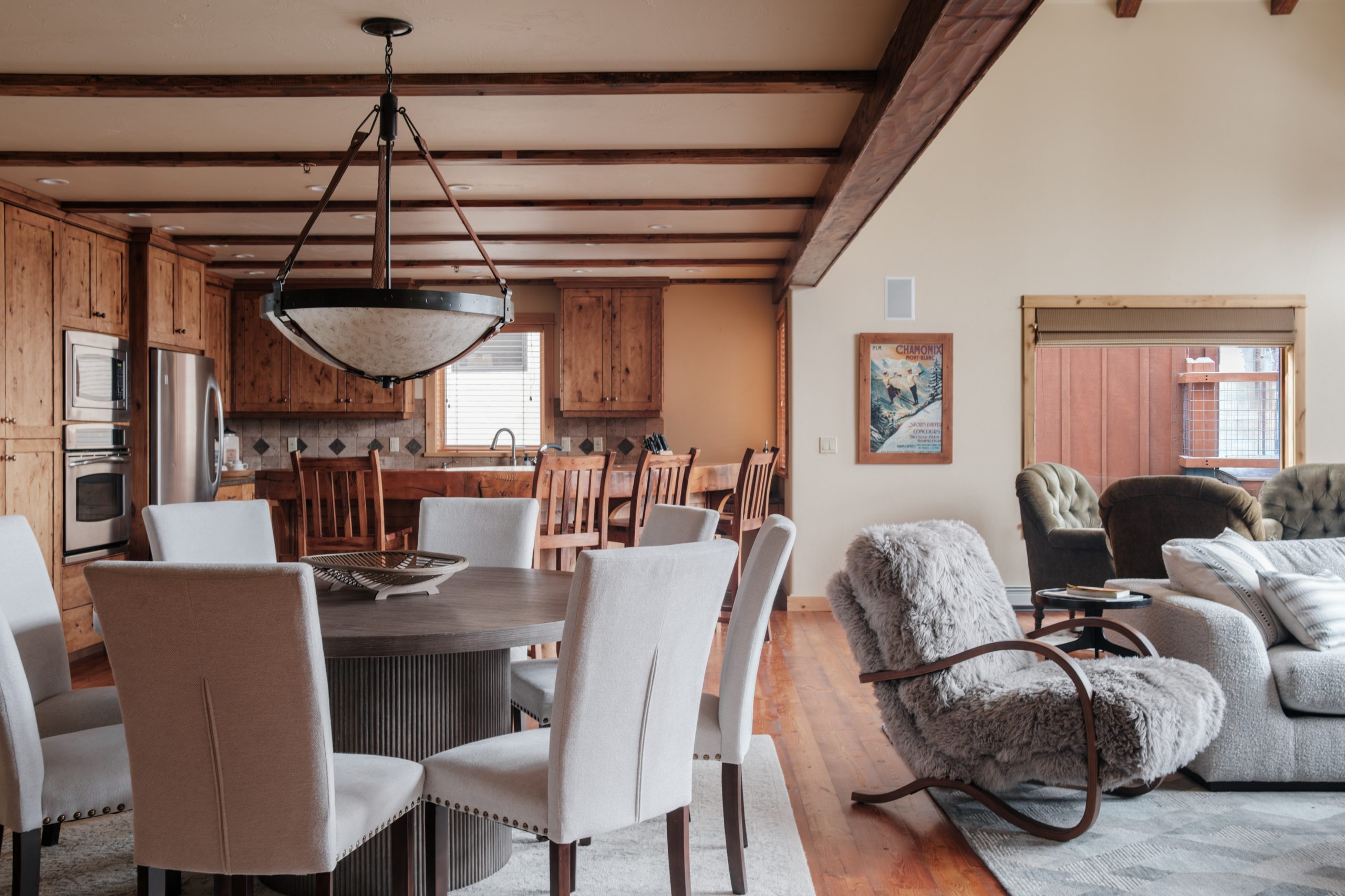 Elegant dining area with mountain views in Big Sky luxury property.