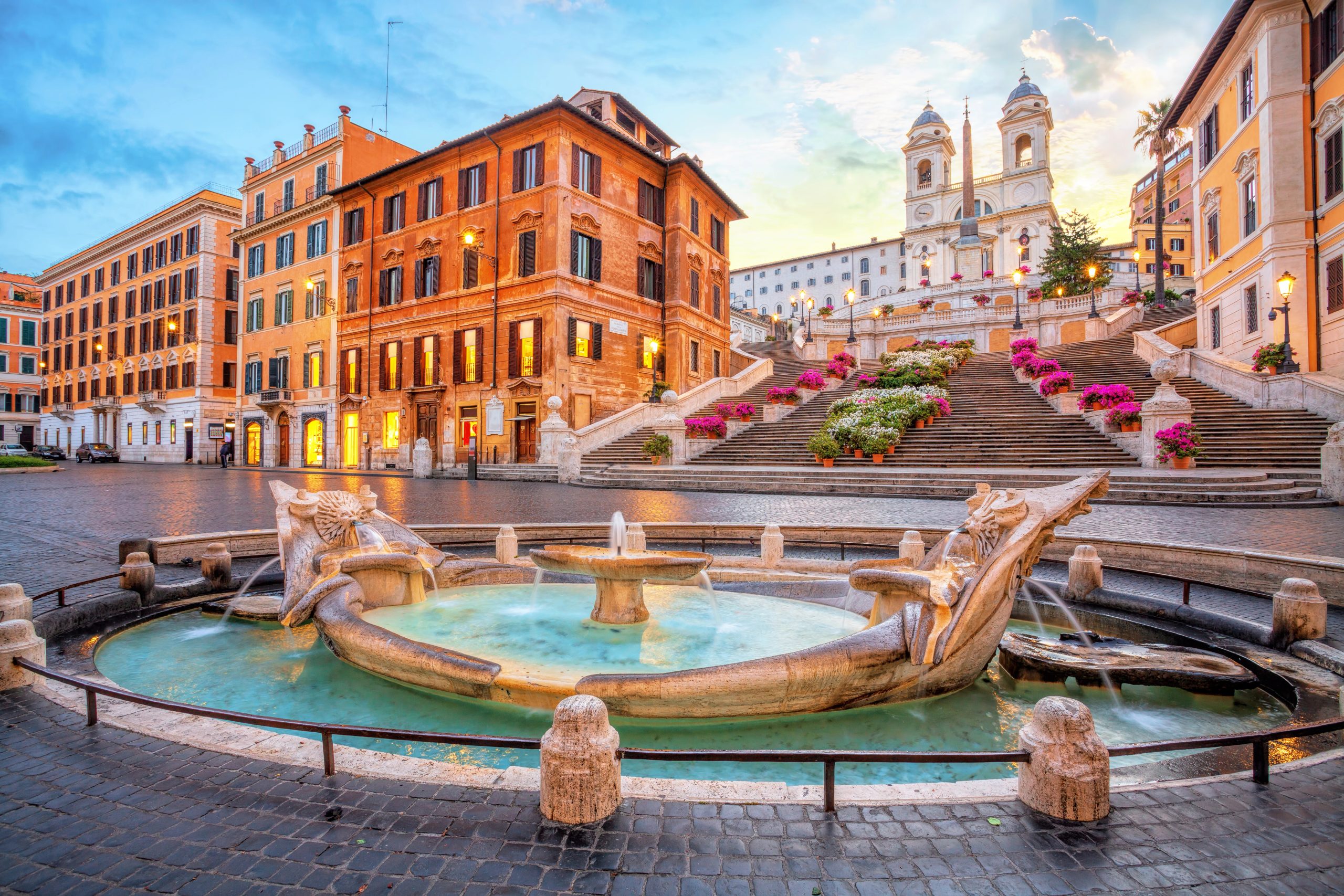 The staircase leading up to Trinit&agrave; dei Monti, with the Fontana della Barcaccia in front.