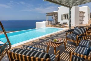 Mykonos luxury villa patio with private pool and panoramic sea view