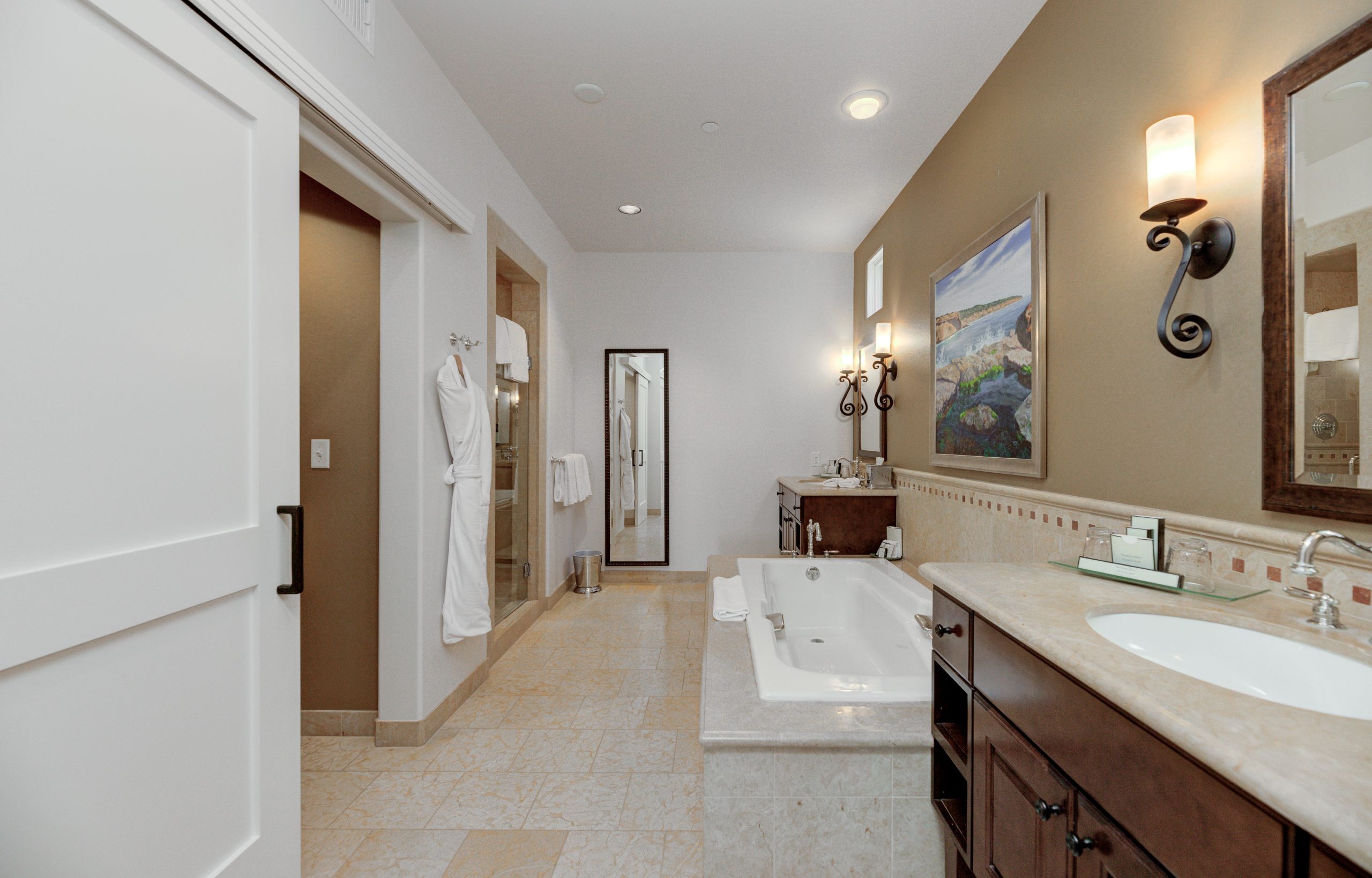 Elegant coastal‑style bathroom in Terranea Resort villa, Rancho Palos Verdes