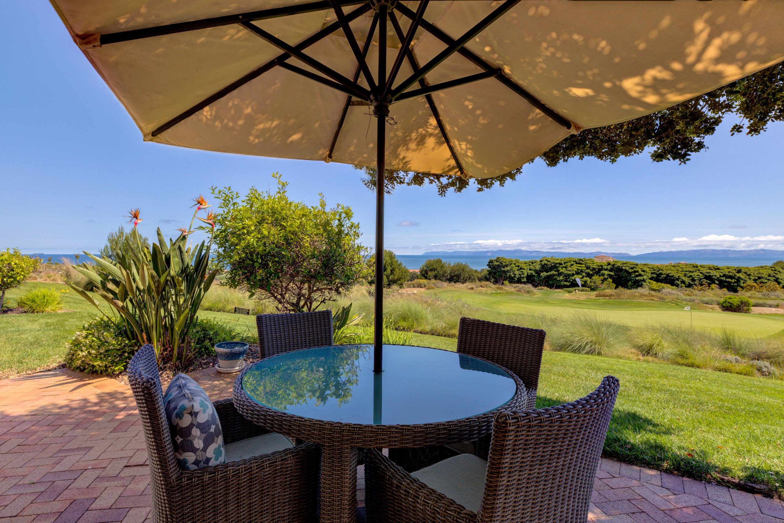 Outdoor seating area on Terranea Resort villa patio with ocean views