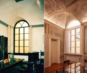 Before-and-after comparison of a Florence apartment restoration, showing the transformation from a plain office interior to an elegant space with restored Renaissance frescoes, vaulted ceilings, and refined architectural details.