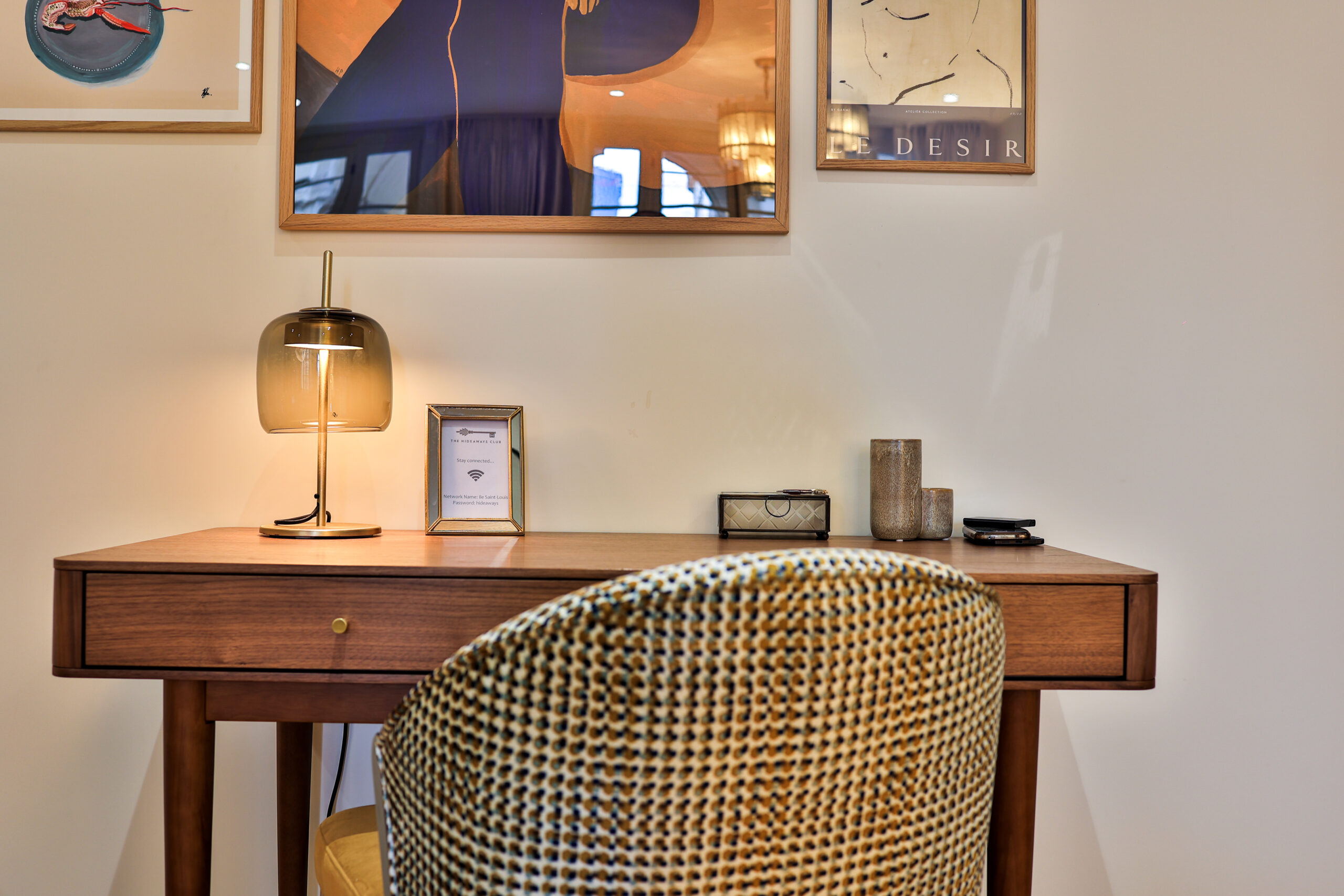 Stwork desk with elegant Parisian interiors at Apartment Île Saint-Louis, Paris